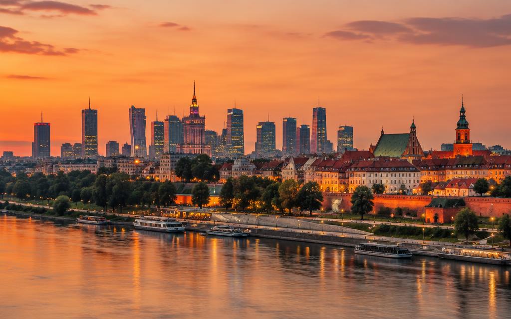 Warsaw skyline and old town along the Vistula river at dusk